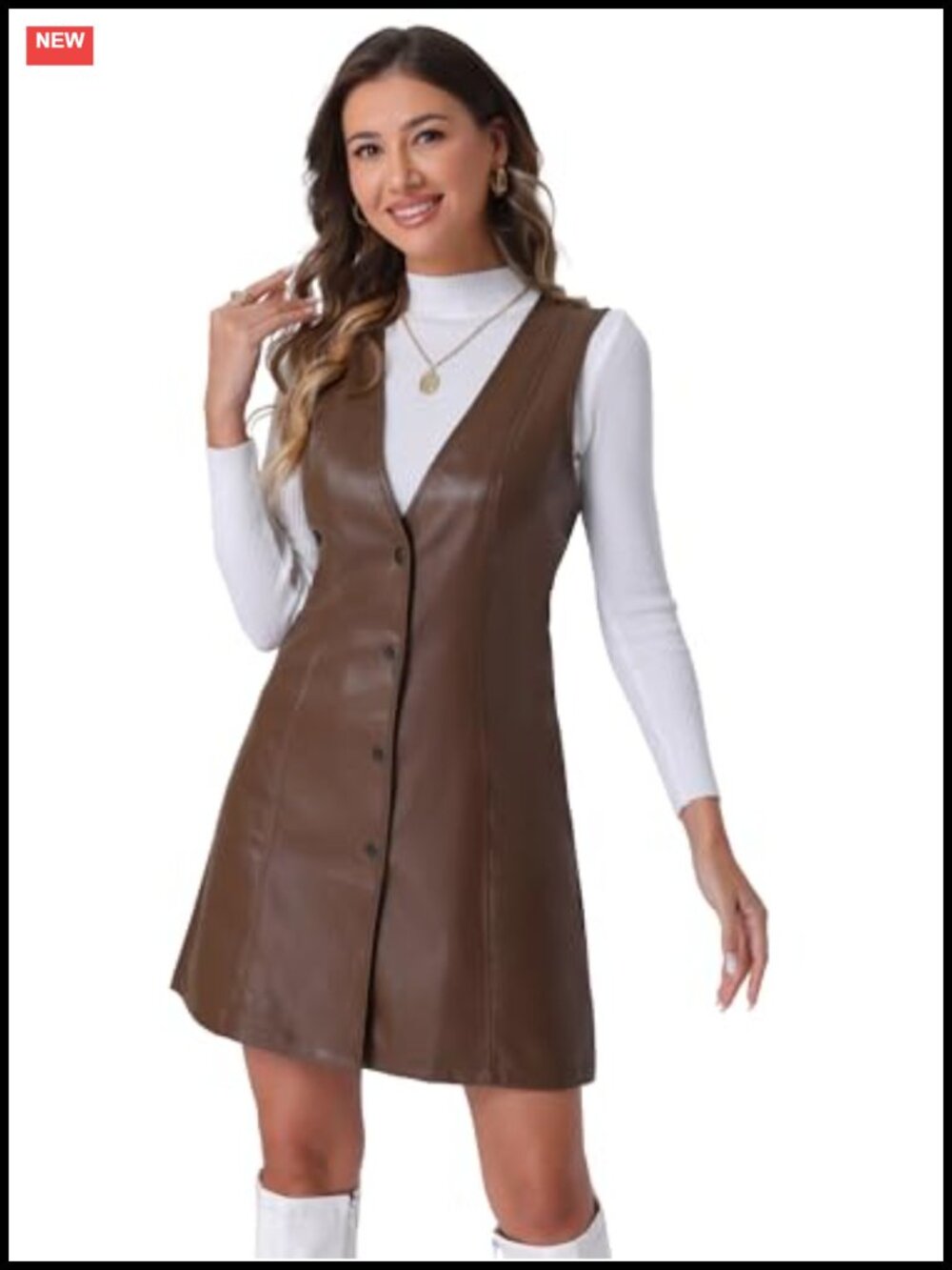 Faux Leather Sleeveless Mini Dress V-Neck Button Down High Waist